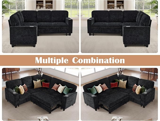 81 L Shaped Sleeper Sofa Couch with Pull Out Sofa Bed Oversized Convertible Sleeper Bed with Storage USB Ports &amp Cup Holder Sectional Couches for Living Room (Charcoal Grey)