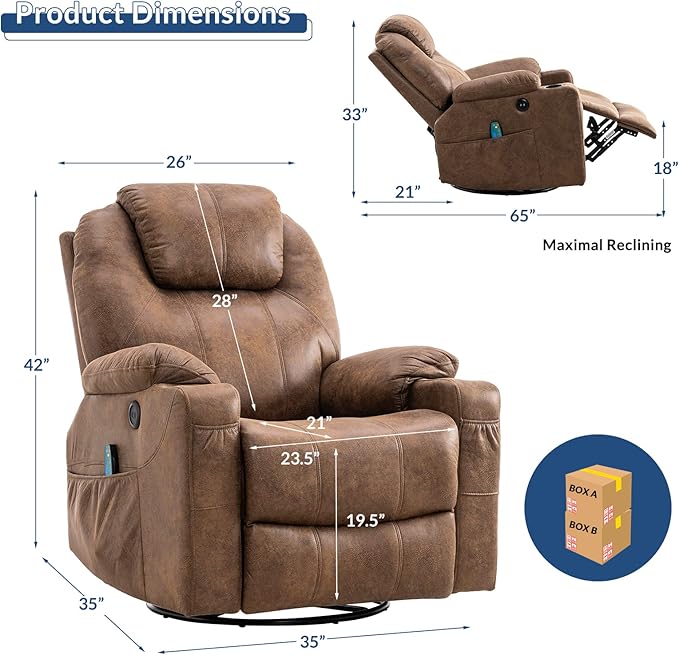 Manual Swivel Glider Rocker Recliner Chair with Heated Massage Ergonomic Lounge 360 Degree Swivel Sofa Seat with 2 Cup Holders Side Pockets &amp USB Ports for Living Room Brown