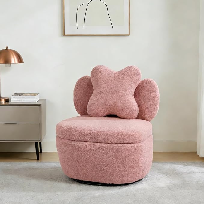 GarveeHome Teddy Velvet Swivel Accent Chair with Storage 360° Rotating Barrel Chair with Star Pillow Upholstered Comfy Single Sofa Chair for Living Room Bedroom Small Spaces Pink