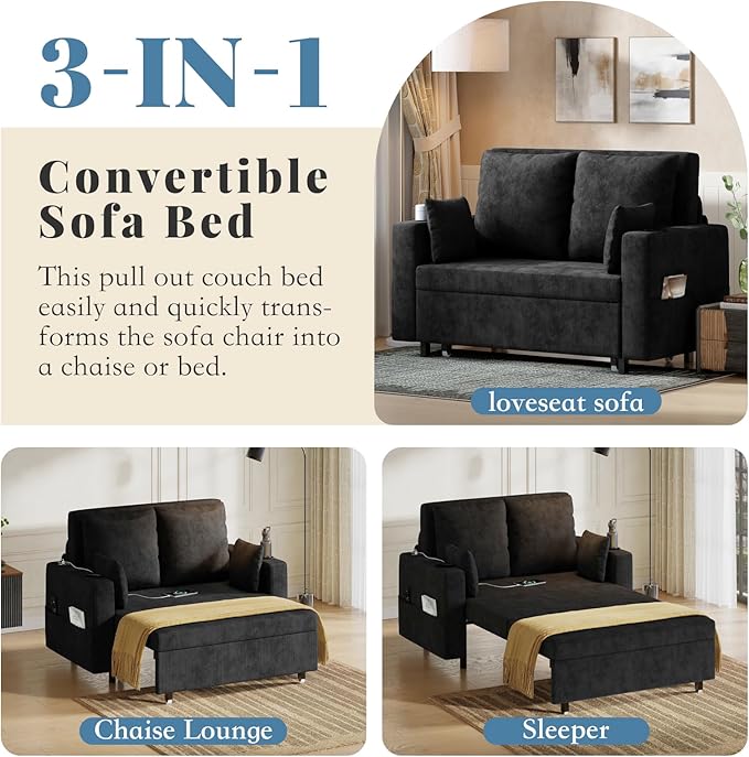 Garvee 3 in 1 Pull Out Couch 56 Inch Convertible Sleeper Sofa Bed Loveseat Sofa Couch with Cup Holders USB &amp Side Pocket Modern Loveseat for Living Room Bedroom Includes Toss Pillows Black