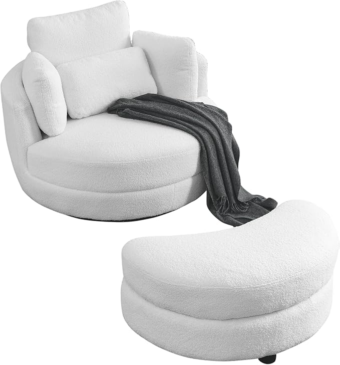 kevinplus Swivel Barrel Chair Accent Chair with Storage Ottoman for Living Room Modern Round Upholstered Single Sofa Couch Chair for Apartment Bedroom Teddy Fabric White (ø39'' x 30.5'')