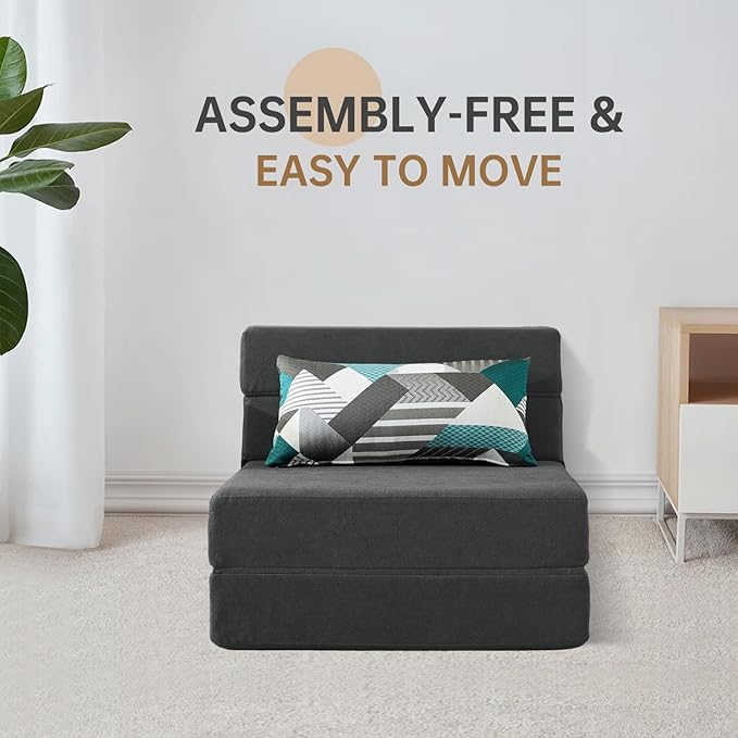 Folding Sofa Bed Single Size with Pillow Memory Foam Convertible Sleeper Chair Floor Couch Futon Lazy for Living Room Home Office Guest Beds Apartment Upstairs Loft Dark Gray