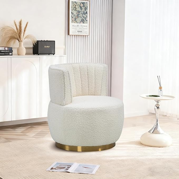 360 Degree Swivel Accent Chair Comfy Round Swivel Barrel Chair with Mental Base Upholstered Cozy Reading Armchairs Modern Lounge Sofa Chairs for Living Room Bedroom Club Office(Teddy Cream)