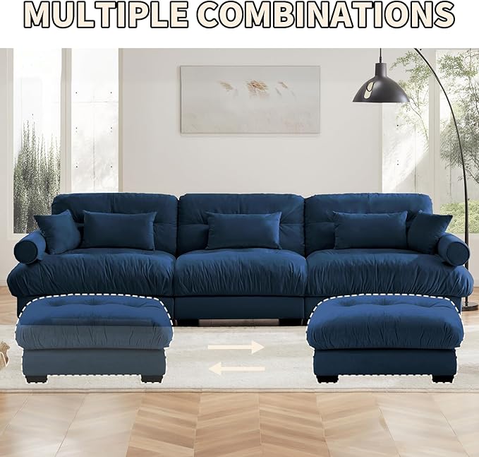 166 Large Sectional Couches for Living Room Cloud Modern Modular Deep Seat Sofa Set Comfy Couches Velvet Fluffy 4 Seater Sofa Set for Bedroom Apartment Blue