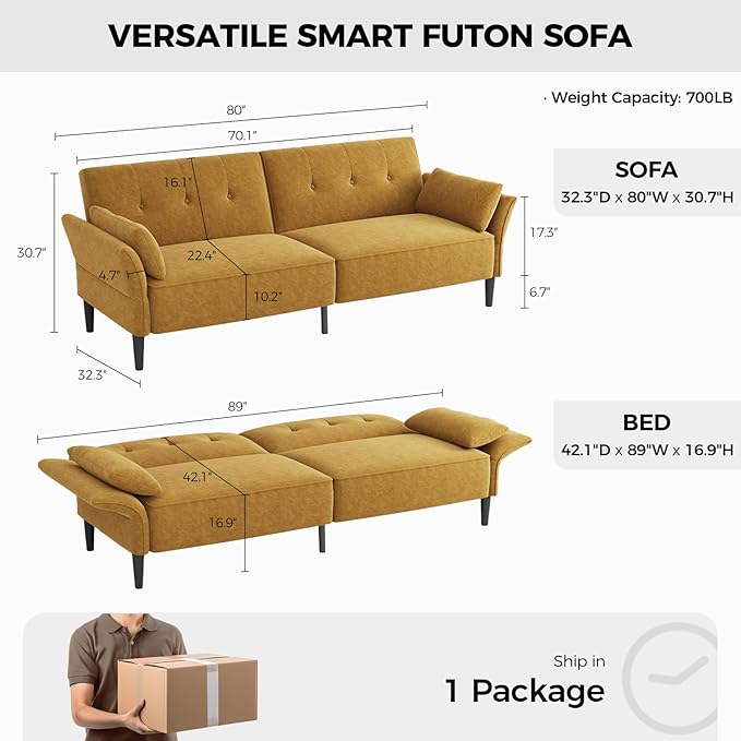 89” Futon Sofa Bed Comfy Futon Couch Bed with 2 Square PillowsConvertible Sleeper Sofa with Adjustable Backrest&amp Armrests Modern Loveseat Sleeper for Living RoomVelvet Fabric Yellow