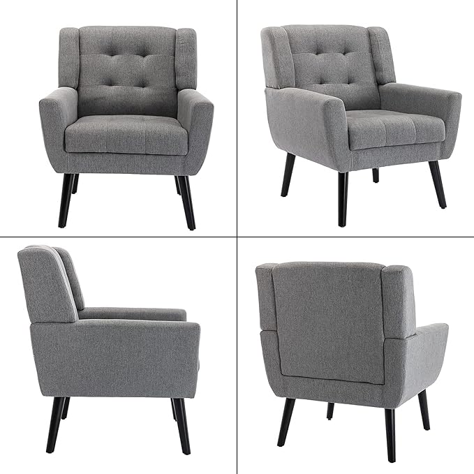 SSLine Linen Accent Arm ChairMid-Century Modern Upholstered Wingback Single Sofa Armchair Club Chair with Solid Wood Legs Thick Cushion for BedroomReadingLiving Room Chair (Light Grey)