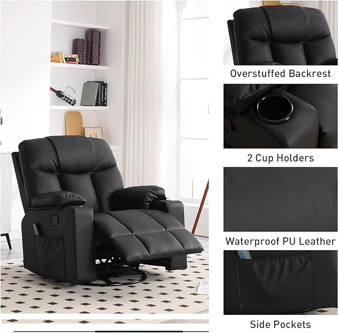 Bonzy Home Oversized Swivel Rocker Recliner 40 Rocking Recliner Chair with Heated and Massage PU Leather Single Sofa with Swivel Function 2 Cup Holders for Living Room Bedroom Black