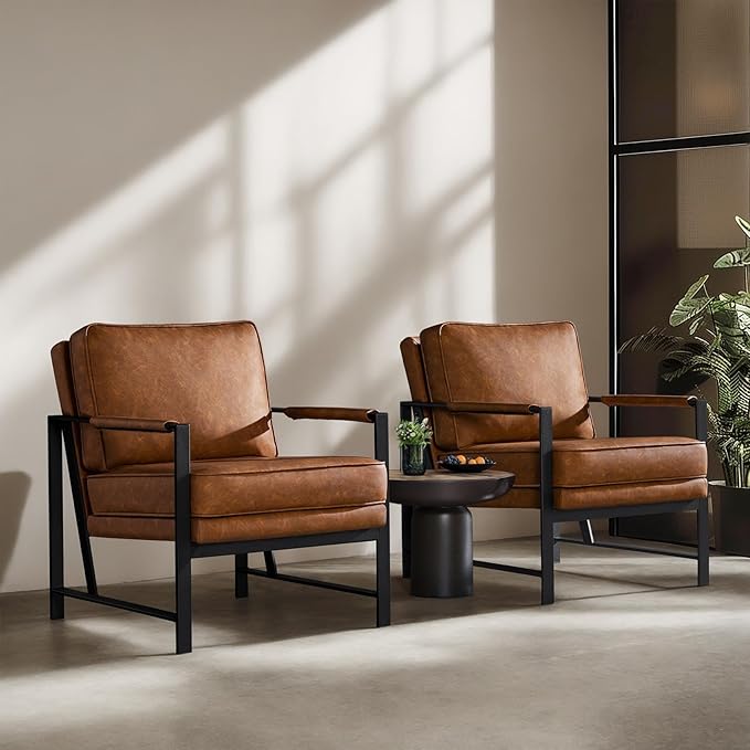 Yaheetech PU Leather Armchairs Retro Leisure Accent Chair with Extra Soft Padded and Cushion 105 Degree Slant Back Modern Reading Arm Chair for Living Room/Office/Bedroom/Study 2pcs Light Brown