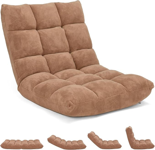 14-Position Floor Sofa Folding Gaming Sofa Chair Comfy Cushions &amp Study Steel Frame Angle Adjustable Sleeper Bed Couch Recliner (Tan)