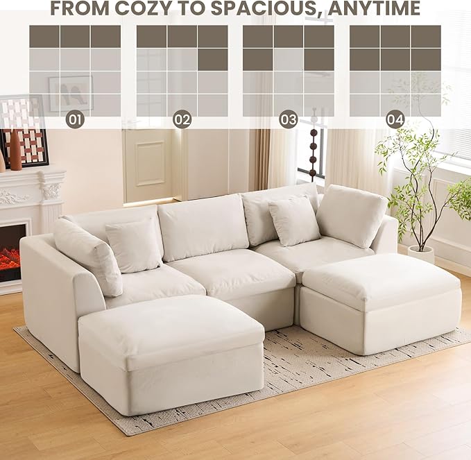 U Shape Modular Sectional Sofa 4 Seater Modular Couch with Ottomans Fully Compressed Boneless Modular Sofa for Living Room (Warm White)