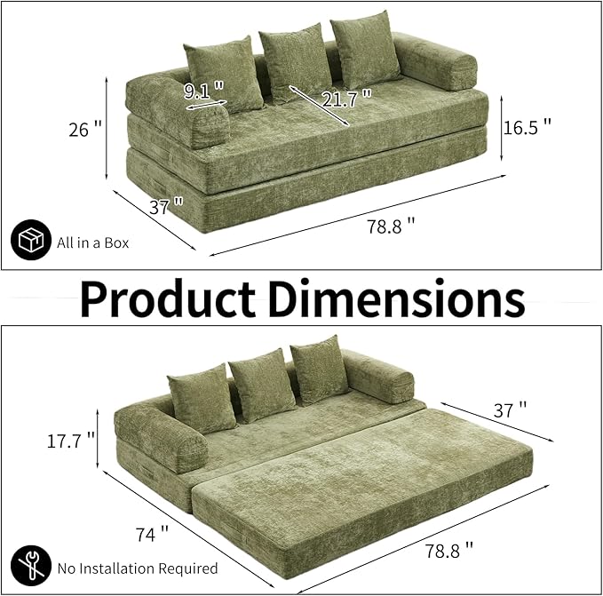 Compression Sofa Convertible Sofa Bed Modular Couch with Pillow Comfy Chenille Fabric Couch with Memory Foam Lounge Floor Sofa for Living Room Bedroom (Green)