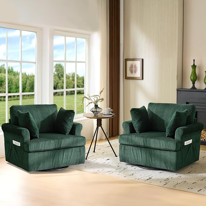 VINGL 39.2 Wide 360° Swivel Accent Armchairs with Pillows Set of 2 Oversized Single Sofas Chair and a Half with Side Pockets and Wide armrest for Living Room Bedroom Reading Room Corduroy Green