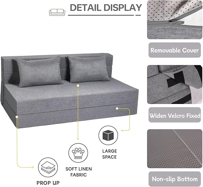 Folding Sofa Bed Foldable Bed Sleeper Chair with Removable Washable Cover Convertible Fold Out Couch with Pillow Futon Couch for Living Room Dorm Guest Room Queen Size Light Grey
