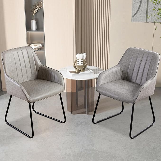 Vanity Art Mid Century Modern Accent Chair with Arms Upholstered Synthetic Faux Leather Chair for Living Room Bedroom Reading Area Comfy Dining Chairs Set of 2 (Grey) UC-15G