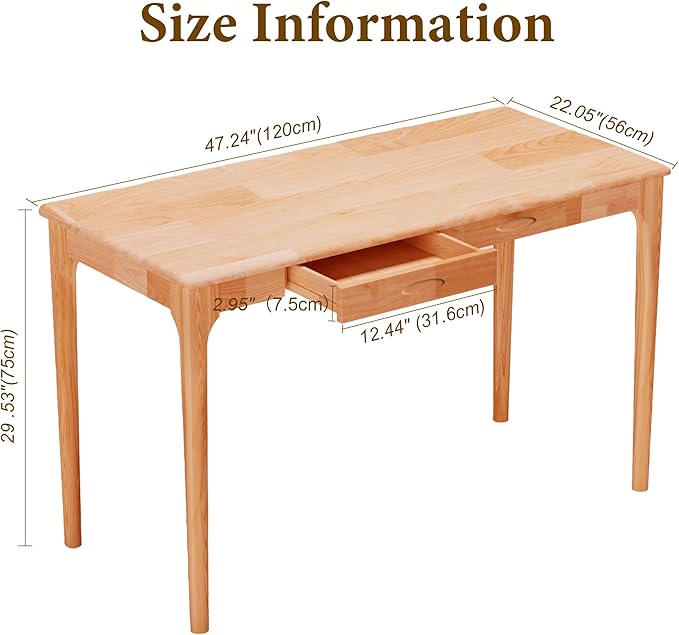 47 Solid Wood Desk with Drawers Small Home Office Writing Wooden Desk Gaming &amp Computer Desk for Bedroom Work Study Table for Small Space(Beech47Inch)