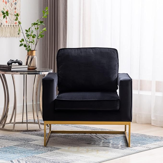 LukeAlon Elegant Velvet Accent Club Chair Upholstered Armchair with Gold Metal Legs Modern Single Sofa Chair Comfy Reading Chair with Open Back for Living Room Bedroom Black