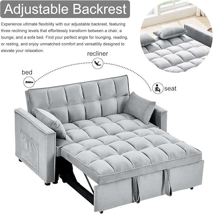3 in 1 Convertible Sleeper Sofa Bed 55 Pull Out Couches Modern Loveseat Sleeper Sofa with Adjustable Reclining Backrest &amp Side Pockets for Living Room Velvet Fabric Grey