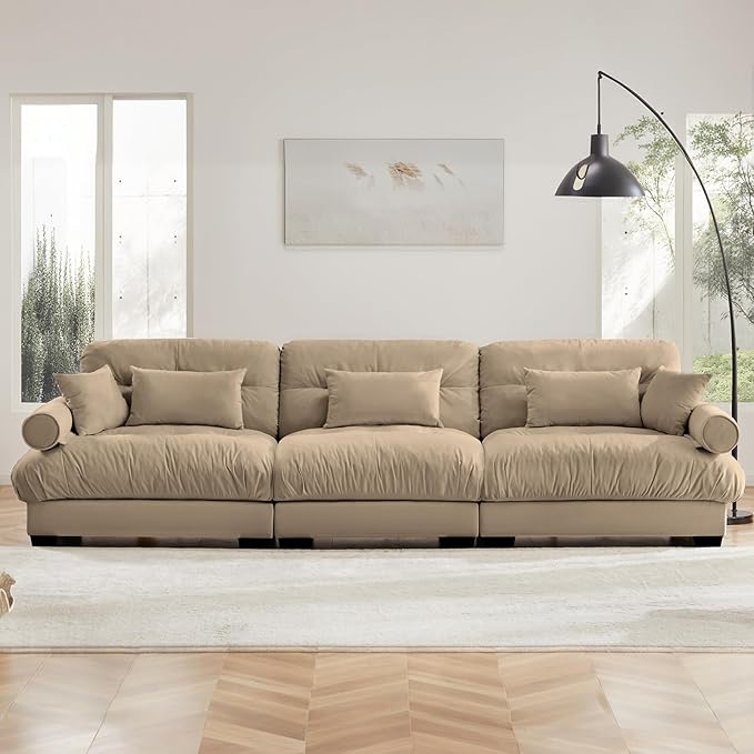 130 Large Sectional Couches for Living Room Cloud Modern Modular Deep Seat Sofa Set Comfy Couches Velvet Fluffy 3 Seater Sofa Set for Bedroom Apartment Taupe