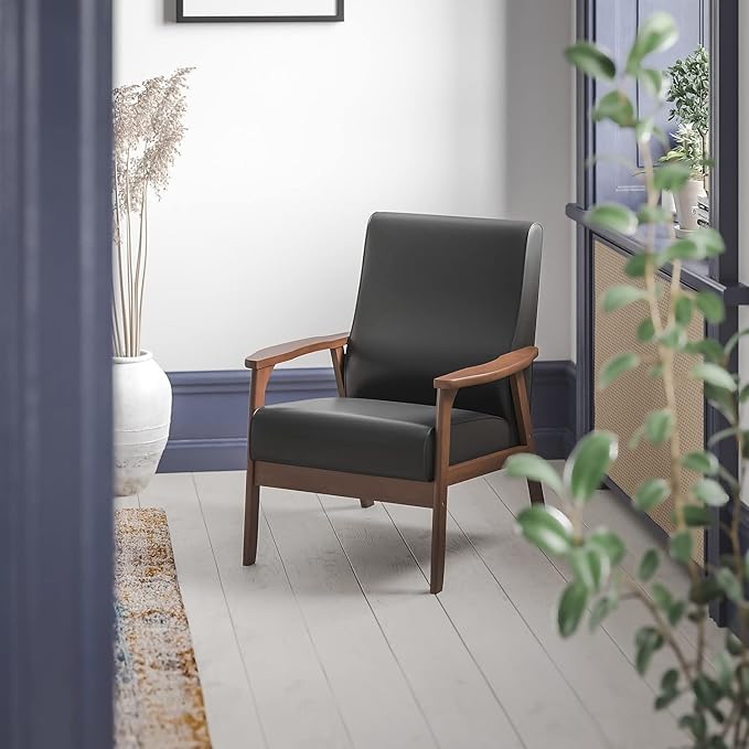 Flash Furniture Langston Commercial Mid Century Modern Chair - Black LeatherSoft Upholstery - Walnut Finish Wooden Frame and Arms - Extra Supportive Sinuous Springs