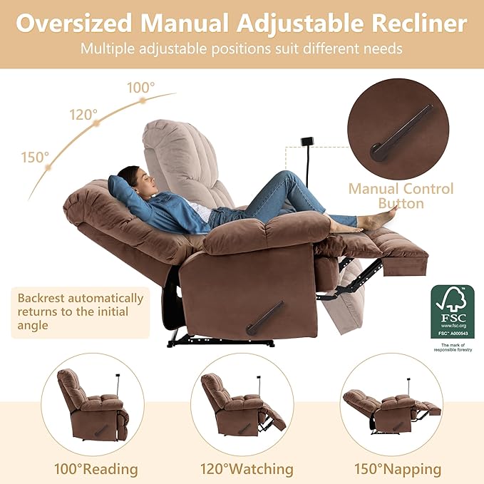 Oversized Recliner Chair Big Man Recliner Chairs for 400LBS Adults Extra Wide Recliner Large Heavy Duty Recliner Chair for Living Room Brown