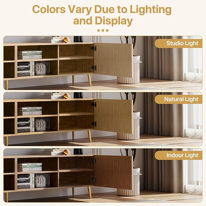 Modern 86in TV Stand for Living Room Fluted Design Entertainment Center with Adjustable ShelvesMedia TV Console Table with Storage for BedroomNature