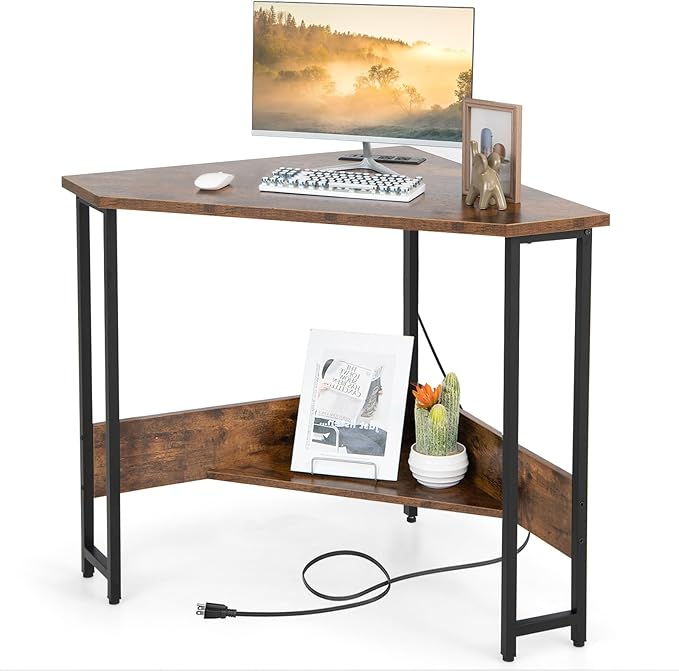 Corner Desk Triangle Computer Desk with USB Ports &amp Power Outlets Small Desk for Small Spaces Compact Makeup Vanity Desk with Storage Shelf Triangle Workstation for Home Office Bedroom