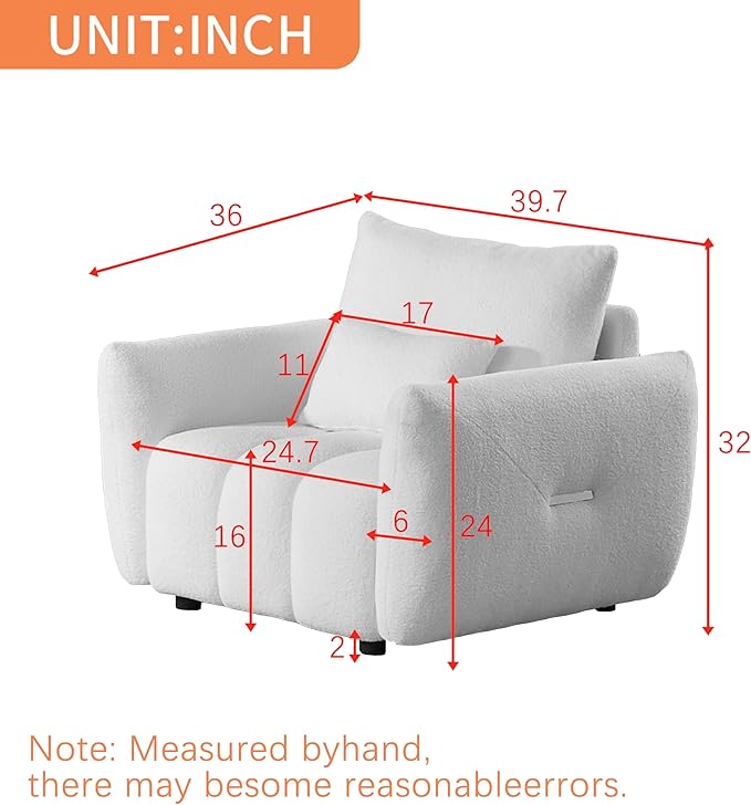 39.7''Teddy Fabric Sofa Modern Lounge Chair Upholstered with One Pillow for Apartment Office Living Room and Bedroom (Black#086)