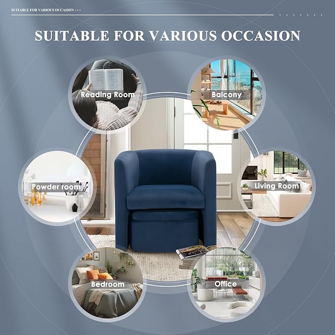 Modern Velvet Barrel Accent Chair with Storage Ottoman Space-Saving Armchair for Apartment Living/Study Room Blue