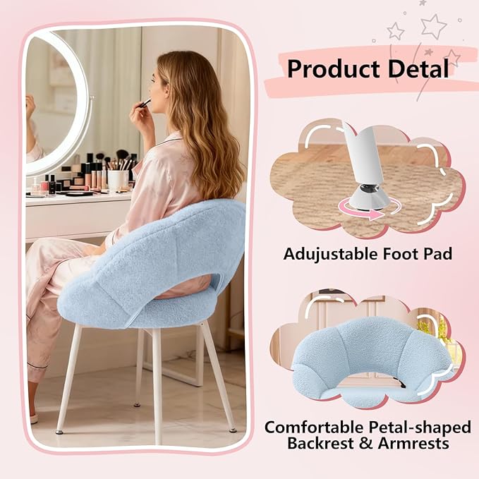 Petal Makeup Vanity Chair with BackUpholstered Makeup Accent Reading Chair No WheelsModern Dining Chair for HomeOfficeBedroomTeddy Plush (Blue)