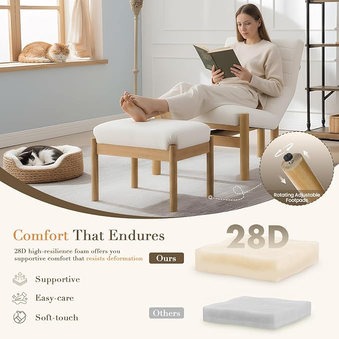 Accent Chair with Ottoman Living Room Chair Beige Linen Upholstered Lounge Chair with Footrest Set Modern Chair Cozy Reclining Chair for Reading Room Bedroom Beige