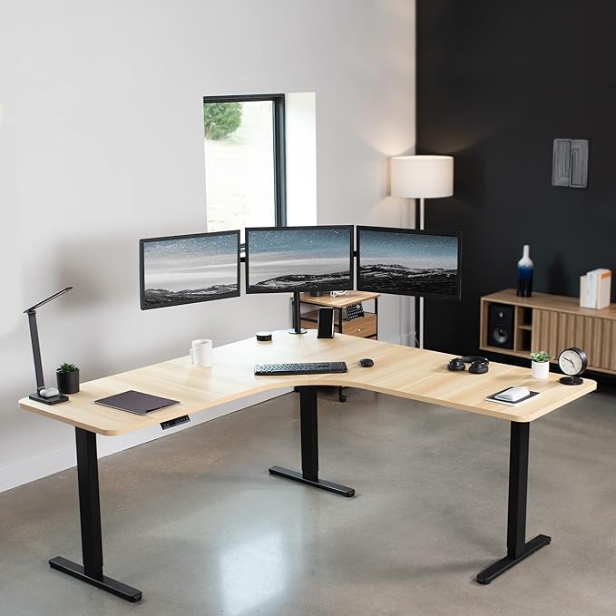 VIVO Electric Height Adjustable 71 x 71 inch Curved Corner Stand Up Desk Light Wood Table Top Black Frame Memory Controller L-Shaped Workstation E3C Series DESK-KIT-E3CBC