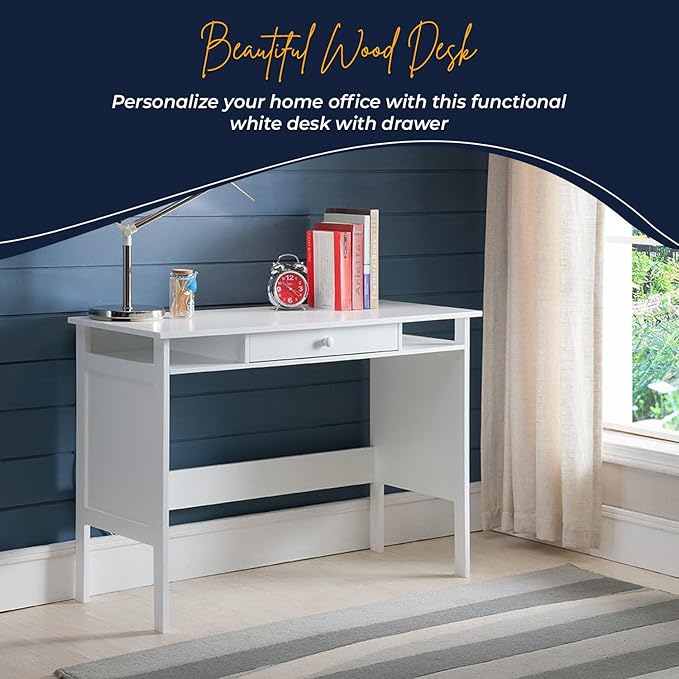 Kings Brand Furniture Home &amp Office Parsons Wood Desk with Drawer White