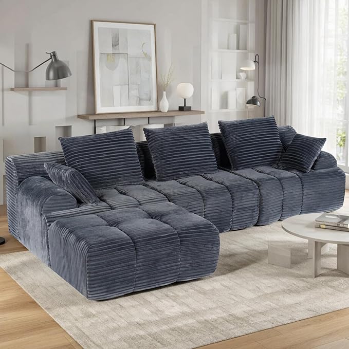Corduroy L-Shaped Compressed Boneless Sectional Sofa with Ottoman - Retro Soft Upholstered Modular Couch for Living Room &amp Small Apartment Cloud-Like Contouring Seating(Dark Gray)