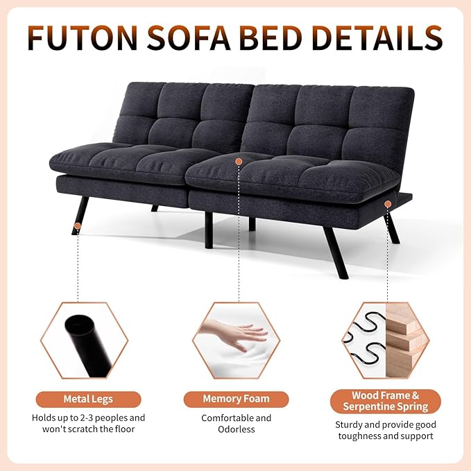 MUUEGM 68” Convertible Futon Sofa Bed Upholstered Small Futon Couches with Adjustable Backrest Loveseat Sleeper Bed for Compact Living Room Studio Office (Black)