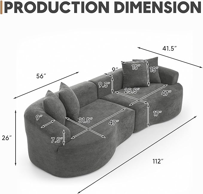 Oversized Sectional Sofa for Living Room 112 Modern Luxury Plush Chenille Sofa 4-Seater Extra Deep &amp Wide Seat Curved Cloud Couch with 4 Throw Pillows Dark Gray