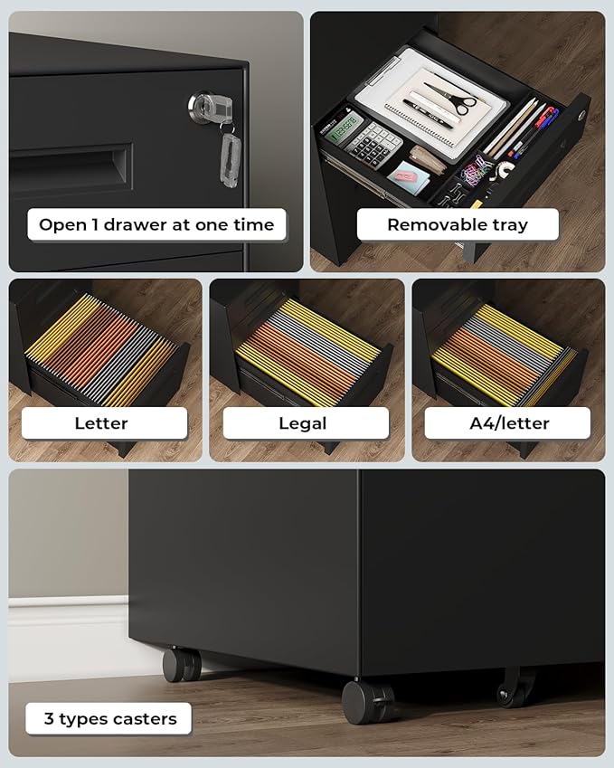 Dripex 3 Drawer File Cabinet Mobile File Cabinet with Lock on Wheels Letter/Legal Size Fully Assembled Modern Small Short Vertical Metal Rolling Filing Cabinets Under Desk for Home Office (Black)