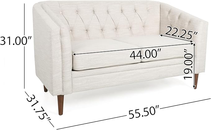 Christopher Knight Home Contemporary Tufted and Diamond Stitching Fabric LoveseatTub-Design 2-Seater Sofa Removable Cushions Birch Wood Legs Square Arms Beige and Espresso