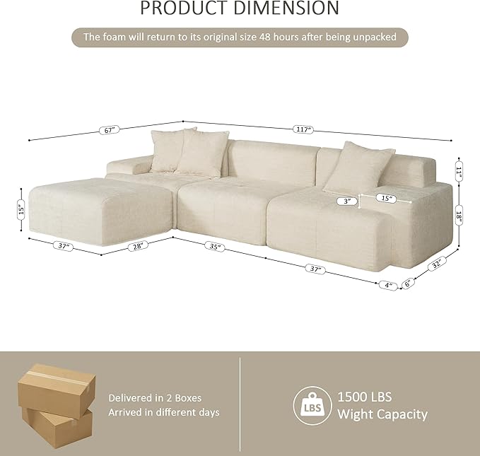 117 Modular Sectional Sofa Couch Chenille Upholstered Boneless Couch Oversized L-Shaped Cloud Sectional Couch with Ottoman &amp Deep Seating No Assembly Beige