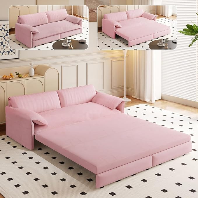 66'' Queen Pull Out Sofa Bed with Thickened Cushions 3-in-1 Convertible Velvet Sleeper Couch with Side Storage Loveseat Futon Lounge Recliner for Living Room Apartment Bedroom Small Space (Pink)