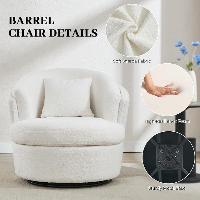 Swivel Accent Chair 360 Degree Round Swivel Barrel Chair with Pillow Widened Upholstered Boucle Chair Comfy Sherpa Barrel Armchair for Living Room Bedroom Reading Room White
