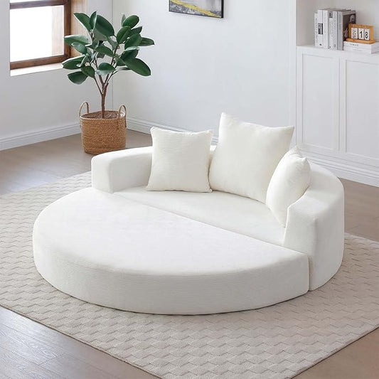 67-inch Convertible Futon Sofa Bed Round Folding Comfy Corduroy Upholstered Couch Bed with 3 Pillows Boneless Floor Lazy Loveseat Sofa for Living Room Apartment Small Spaces Pinstripe Beige
