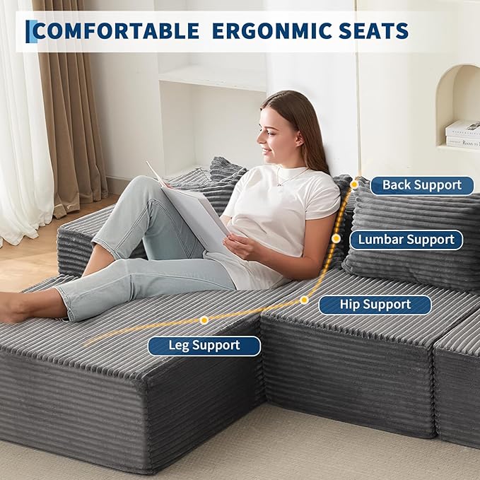 GarveeLife 108” Modular Sectional Sofa Cloud Sectional Couch with L-Shape Chaise Modern Modular Deep Seat Sofa Couch Upholstered Boneless Couches for Living Room Bedroom Left Facing Chaise Grey