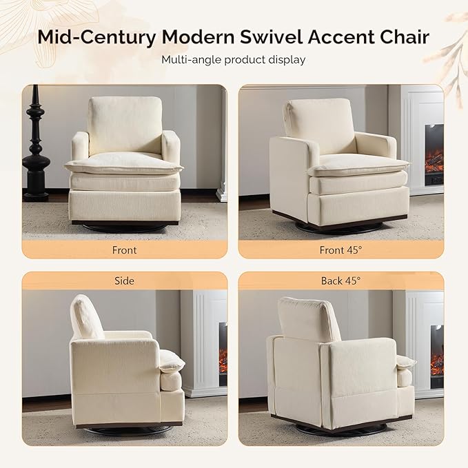 VINGLI Mid-Century Modern Single Swivel Armchair 360° Swivel Accent Chair Double-Layer Seat Cushions Upholstered Square Club Chair for Living Room Bedroom Reading RoomChenille Beige