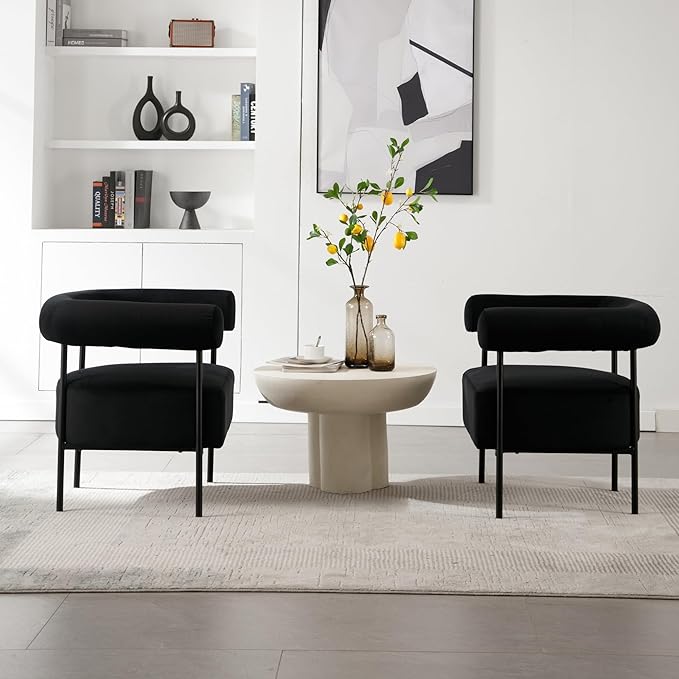 Wahson Black Accent Chair Set of 2 with Metal Legs Velvet Upholstered Barrel Chair with Curved Backrest Small Modern Reading Chair for Living Room/Bedroom/Office