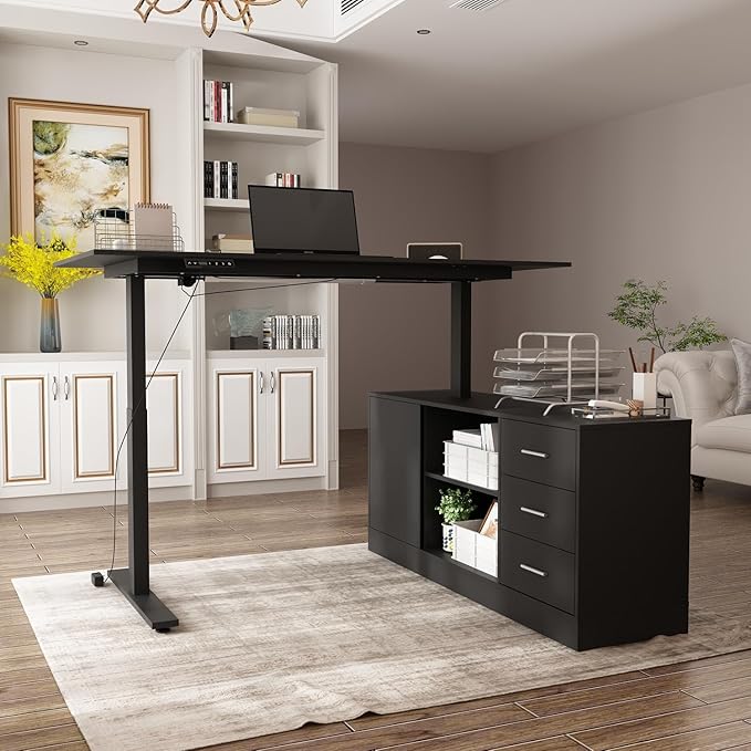 63 W L-Shaped Electric Standing Desk with Cabinet Height Adjustable &amp Reversible Corner Computer Desk with Drawers &amp Storage Shelves for Home Office Black
