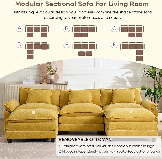 IPKIG 117 Sectional Sofa Cloud Couch Modern Chenille U-Shaped Couch Comfy Upholstered 3-Seat Sofa with 2 Ottoman 3 Lumbar Pillow Deep Seat Modular Sofa for Living Room Apartment Studio Yellow |