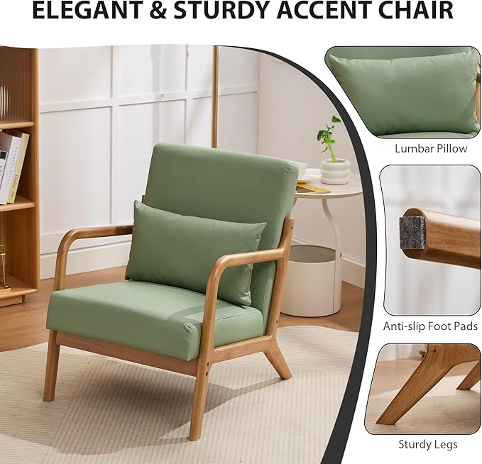 Mid Century Modern Accent Chair Arm Chair Living Room Chairs with Lumbar Pillow Upholstered Reading Chair with Solid Wood Frame &amp Cat-Scratch Leather for Living Room Bedroom
