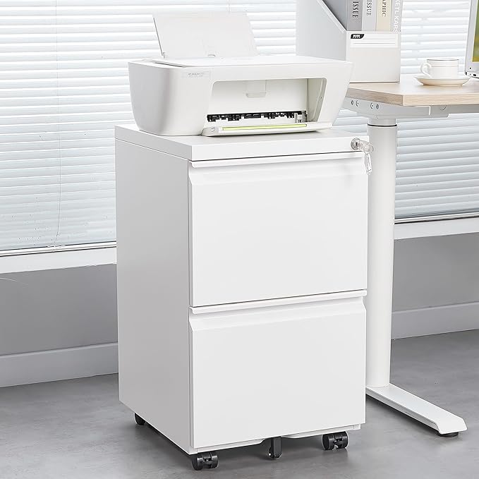 2 Drawer File Cabinet with LockMetal Under Desk Rolling Filing Cabinet fits Letter/Legal/A4 Size for Home OfficeMobile Filing CabinetOne-piece Molded Handles360°Swivel WheelsAnti-dumping (White)