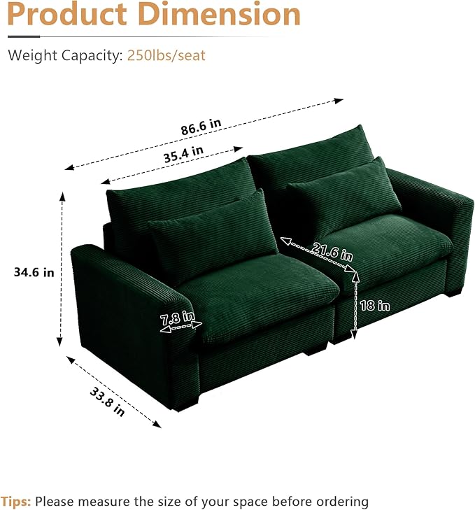 Oversized Modular Sectional Sofa 86 Inch Loveseat Sofa Corduroy Deep Seat Comfy Couch with Waist Pillow for Living Room Apartment Green