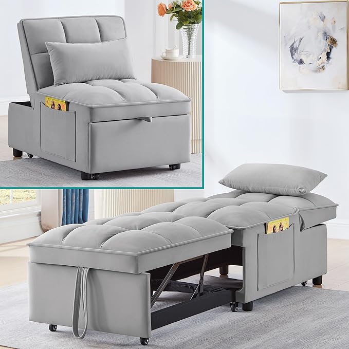 4 in 1 Bouncer with Pull-Out Bed Convertible Slip on Sofa Chair with Storage Pockets and Adjustable Backrest Comfortable Folding Footrest Bed Living Room (Gray)